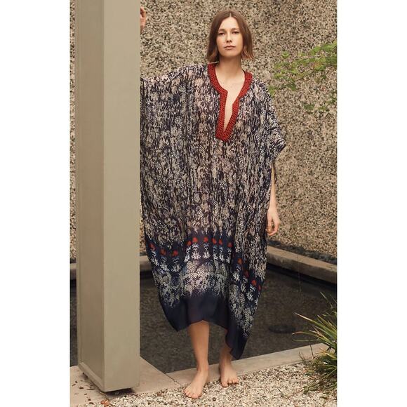 Anthropologie Kaftan Payal Jain Sheer Midi Dress Boho Blue Red Embellished - Picture 1 of 8